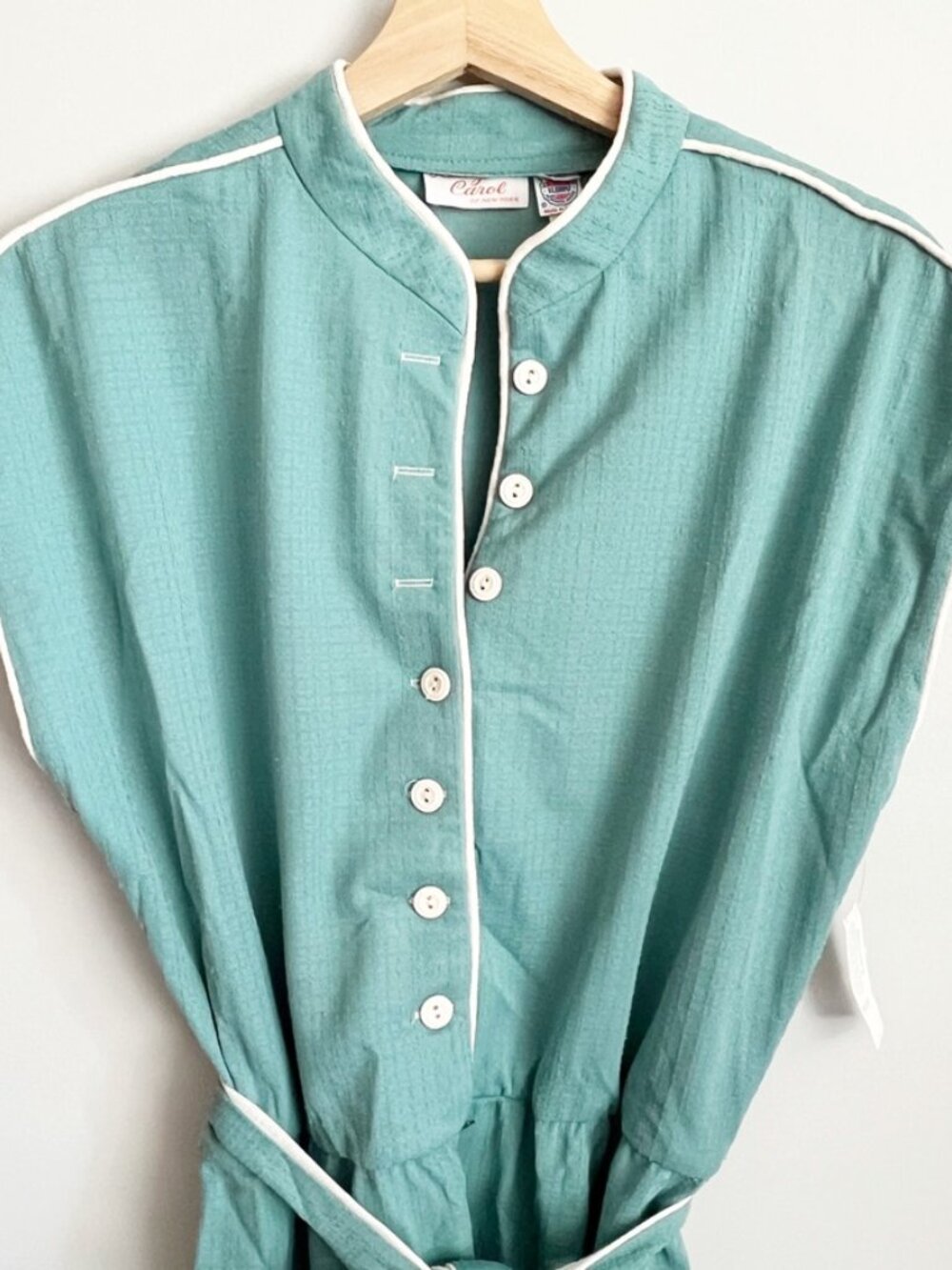 Lady Carol of NY Dress Size 20 Teal White Mod Mandarin Collar Belted Trevira NWT - Picture 2 of 13